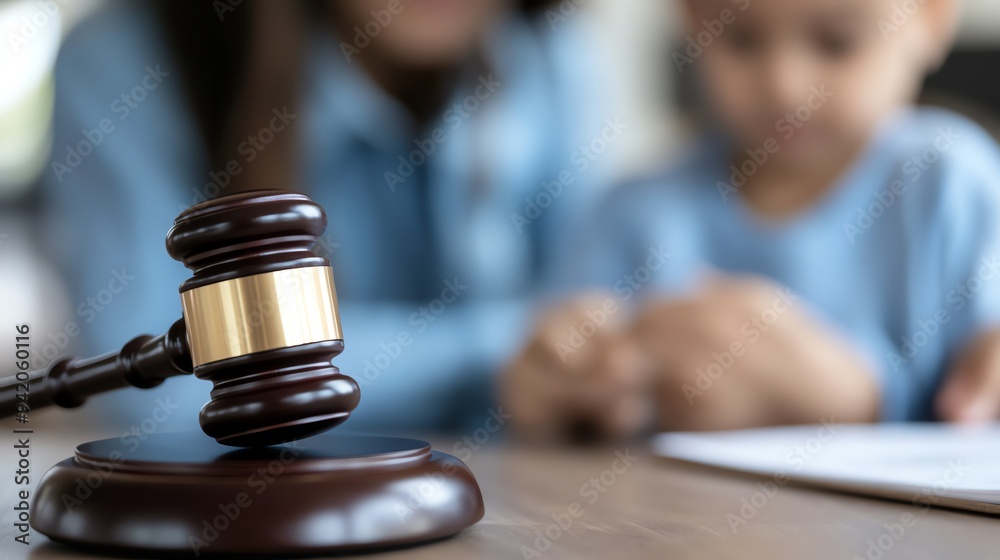 A wooden gavel rests on a table, symbolizing justice and law, with a mother and child in the background engaged in a discussion. A wooden gavel rests on a table, symbolizing justice and law, with a mother and child in the background engaged in a discussion.