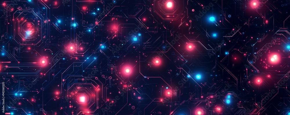 Abstract digital circuitry with glowing red and blue nodes on a dark background, representing futuristic technology and data networks Abstract digital circuitry with glowing red and blue nodes on a dark background, representing futuristic technology and data networks