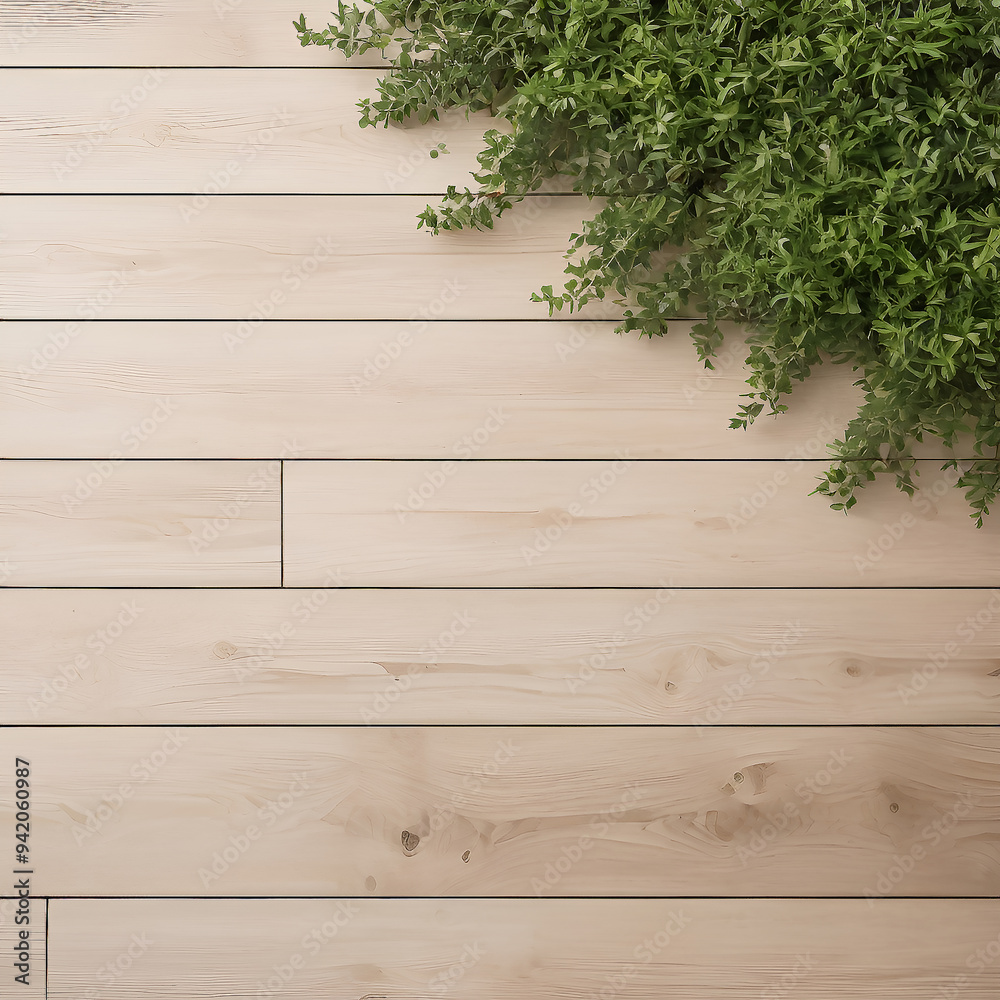 Wooden floor with green bushes