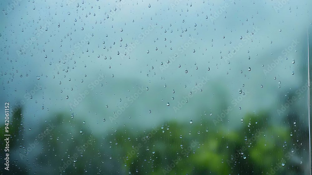Raindrops on window, rainy day via a window showing water falling off glass against a hazy, colorful background Raindrops on window, rainy day via a window showing water falling off glass against a hazy, colorful background