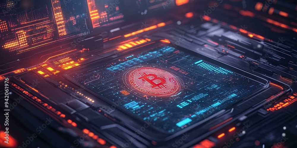Fototapeta premium Red Bitcoin on a futuristic circuit board.