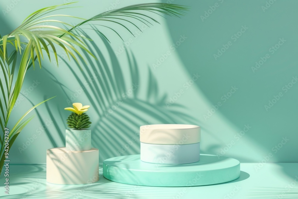 Tropical Minimalist Scene with Green Plants and Geometric Shapes in Soft Pastel Colors - Ideal for Home Decor and Design Projects Tropical Minimalist Scene with Green Plants and Geometric Shapes in Soft Pastel Colors - Ideal for Home Decor and Design Projects