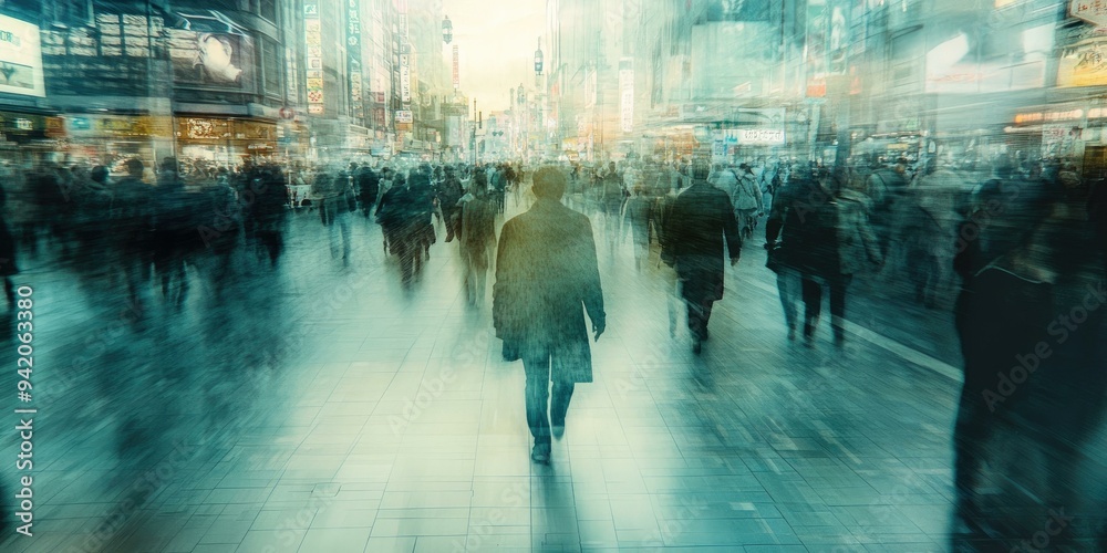 Fototapeta premium A person walks through a blurred city crowd.