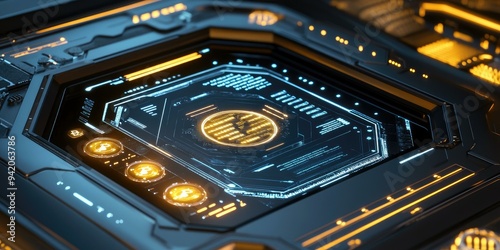 Futuristic interface with glowing orange and blue lights.