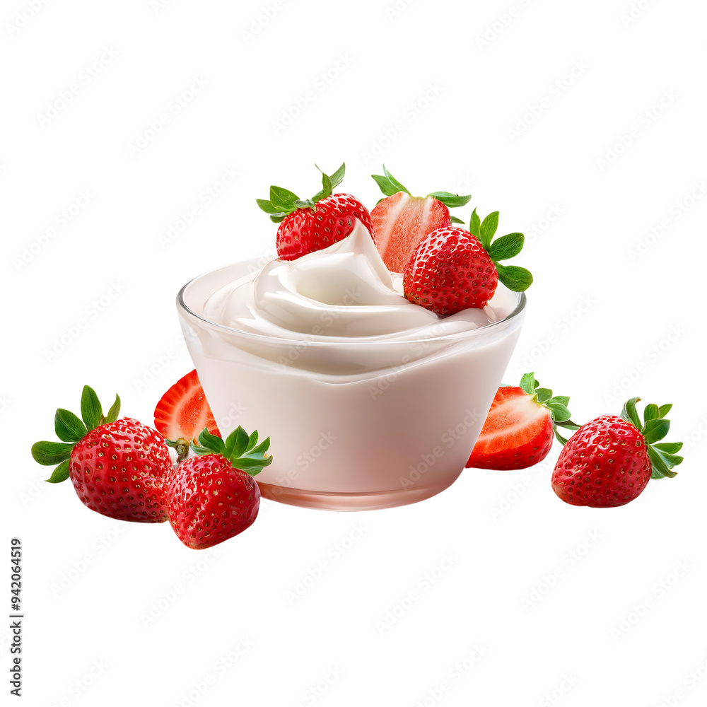 A bowl of luscious whipped cream accompanied by a blast of juicy strawberries, cut out A bowl of luscious whipped cream accompanied by a blast of juicy strawberries, cut out