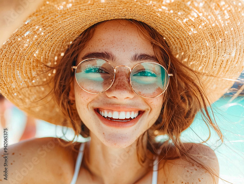 A woman wearing a straw hat and glasses is smiling