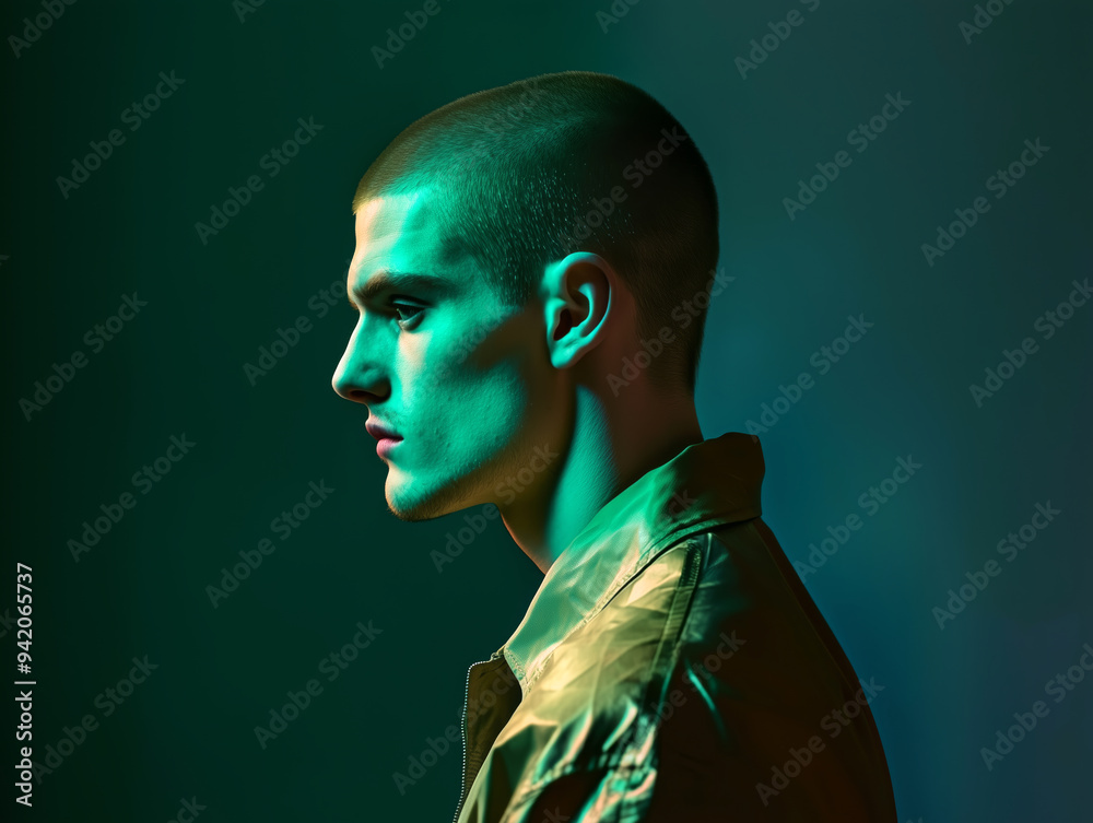 Dramatic Profile Portrait of Young Man in Bold Green and Blue Lighting Dramatic Profile Portrait of Young Man in Bold Green and Blue Lighting