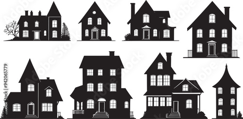 set of houses silhouette isolated on white background
