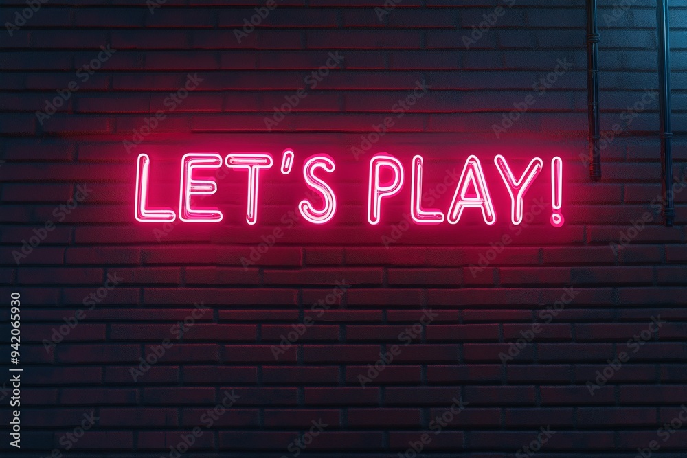 Obraz premium Let's Play neon text with brick wall background. Neon sign design template inscribed Let's Play.
