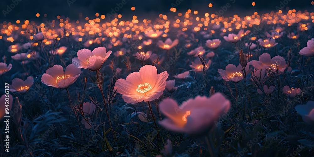 Glowing pink flowers in a dark field.
