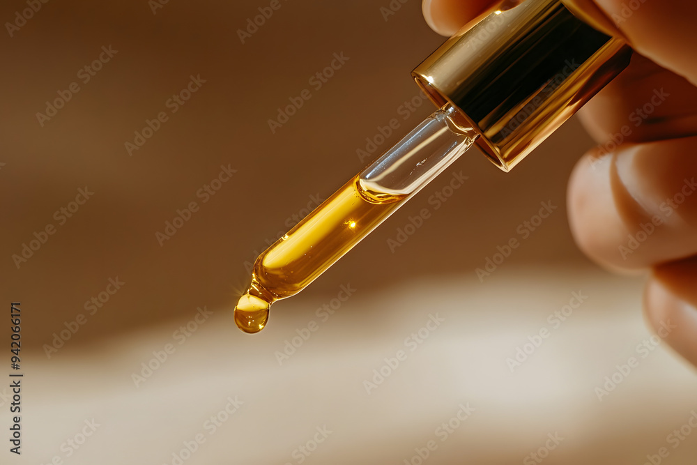 a hand holding a luxurious face oil, with the dropper releasing a golden drop onto the skin