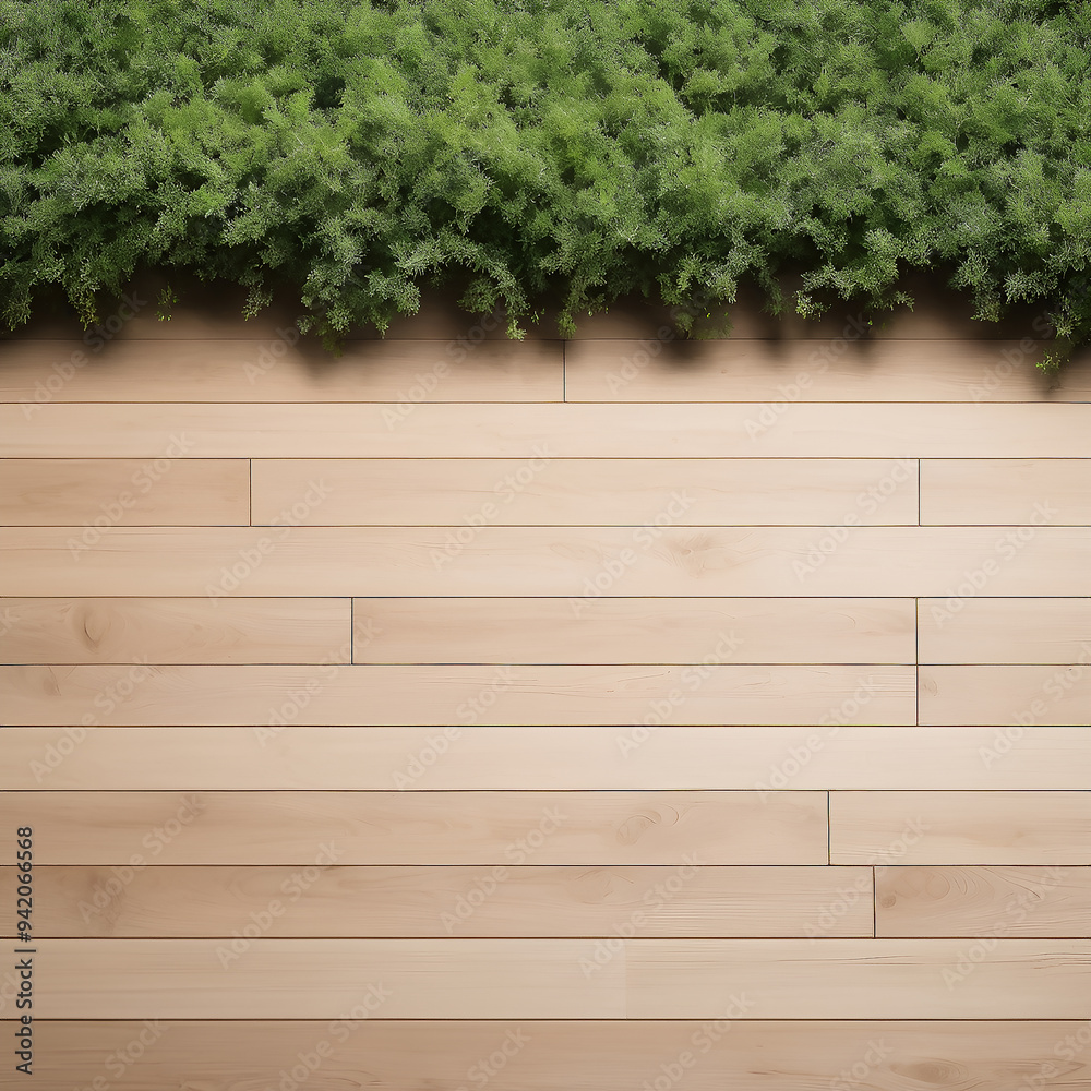 Wooden floor with green bushes Wooden floor with green bushes