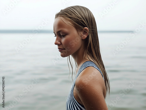 Pensive Young Woman Standing in Calm Water