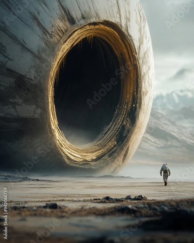 man walking front giant pipe entertainment explorers idyllic thumbnail looking maw lonely astronaut tundra otherworldly infinite library soil still photo