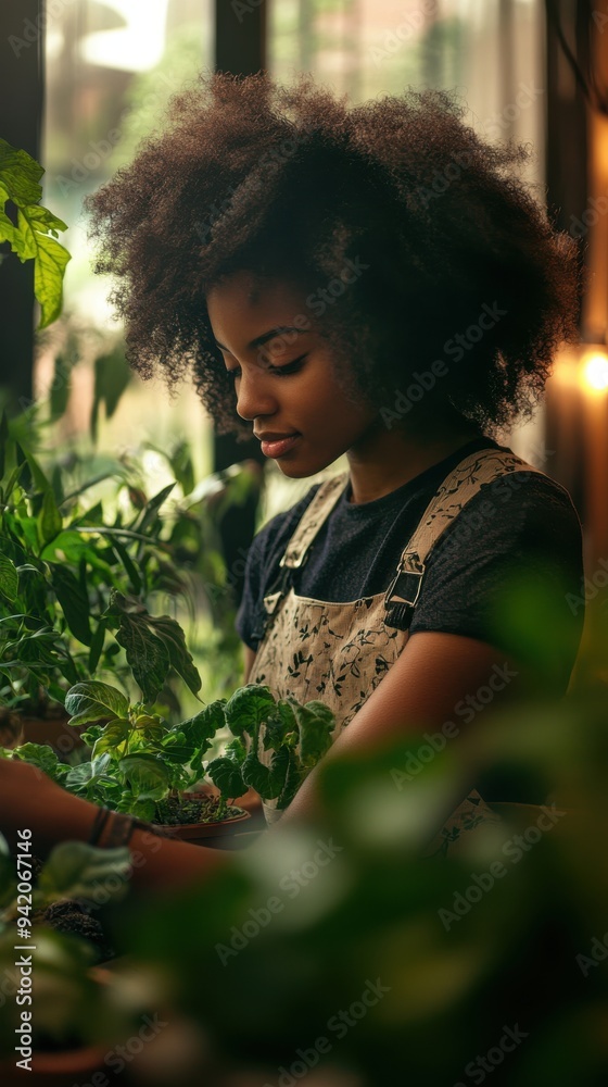 A black woman working in an indoor garden shop, surrounded by lush green plants and vibrant flowers A black woman working in an indoor garden shop, surrounded by lush green plants and vibrant flowers