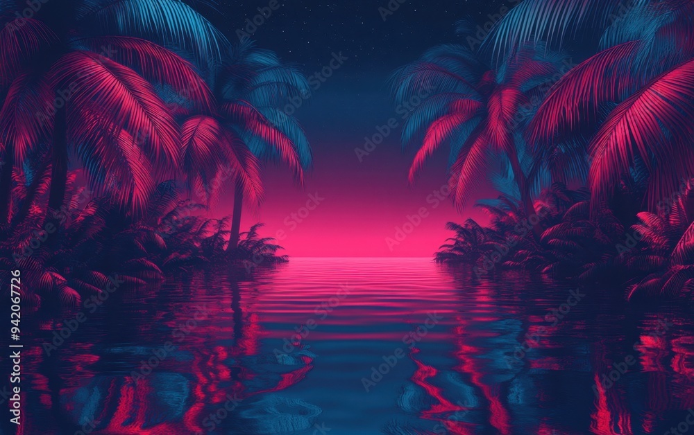 Neon red and pink background with palm trees, neon blue light rays, water reflection, dark night, dark landscape, dark art, blacklight poster style, 80s Generative AI Neon red and pink background with palm trees, neon blue light rays, water reflection, dark night, dark landscape, dark art, blacklight poster style, 80s Generative AI