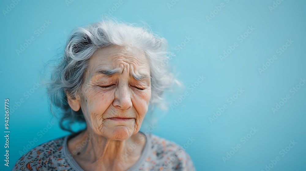 An elderly woman with silver hair, eyes closed and a sad smile on a sky blue background. An elderly woman with silver hair, eyes closed and a sad smile on a sky blue background.