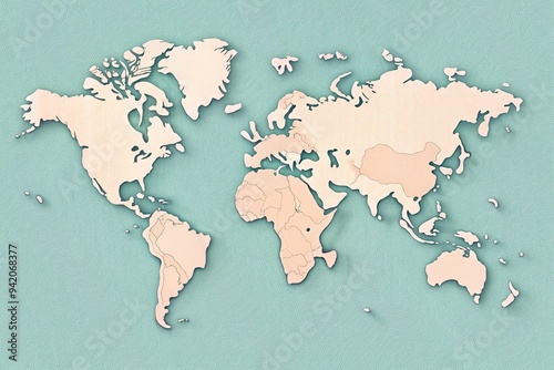 Simple, modern, and elegant world map illustration in soft pastel colors, featuring subtle topographic details and delicate lines, perfect for minimalist designs and backgrounds. photo