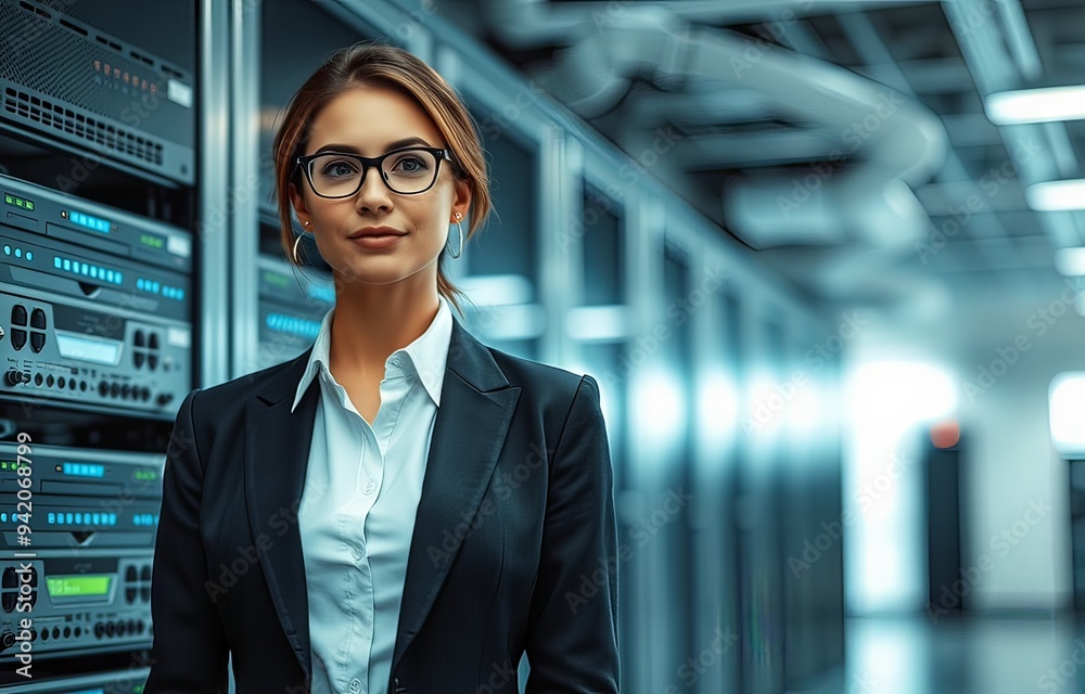 Woman in a business suit against a backdrop of servers in a data center. Woman in a business suit against a backdrop of servers in a data center.
