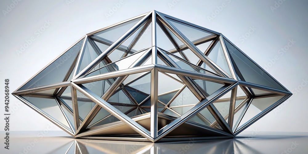 Fototapeta premium Sleek, geometric modern shape made of metal and glass, featuring intersecting curves and angular lines, set against a clean, minimalist white background.