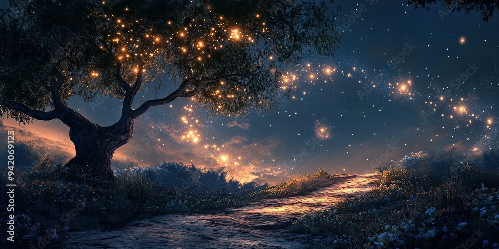 A starry night with a tree and a path. A starry night with a tree and a path.