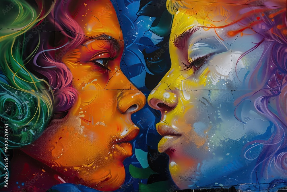 Vibrant street mural depicting two faces in harmony, showcasing stunning colors and artistic expression. Vibrant street mural depicting two faces in harmony, showcasing stunning colors and artistic expression.