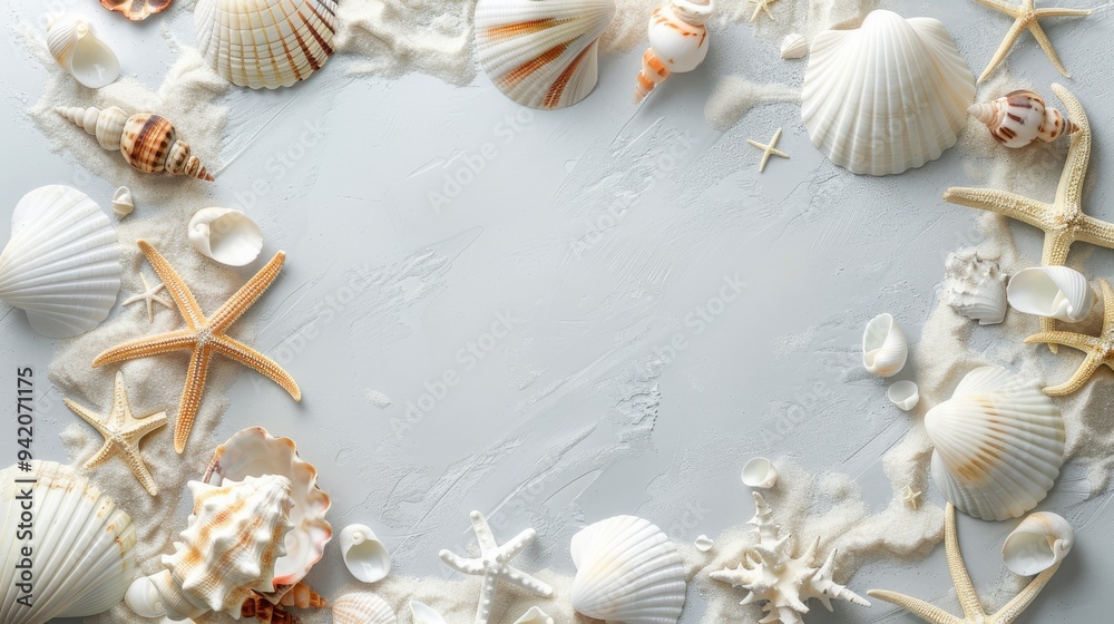 Seashells & Starfish on Sand Background Seashells & Starfish on Sand Background