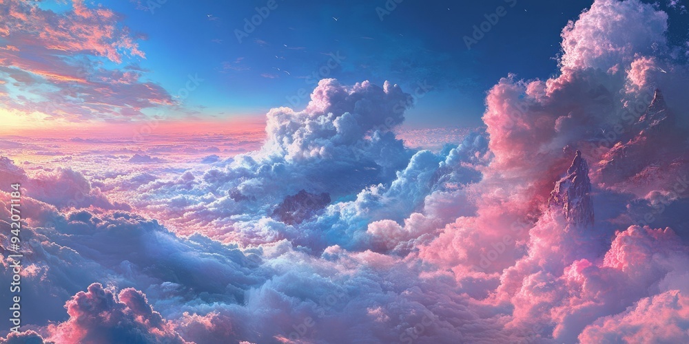 Pink and blue clouds with mountain peaks. Pink and blue clouds with mountain peaks.
