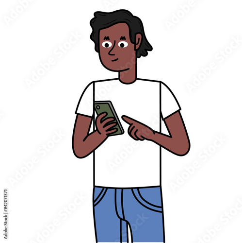 young black man holding his cell phone and answering messages.eps
