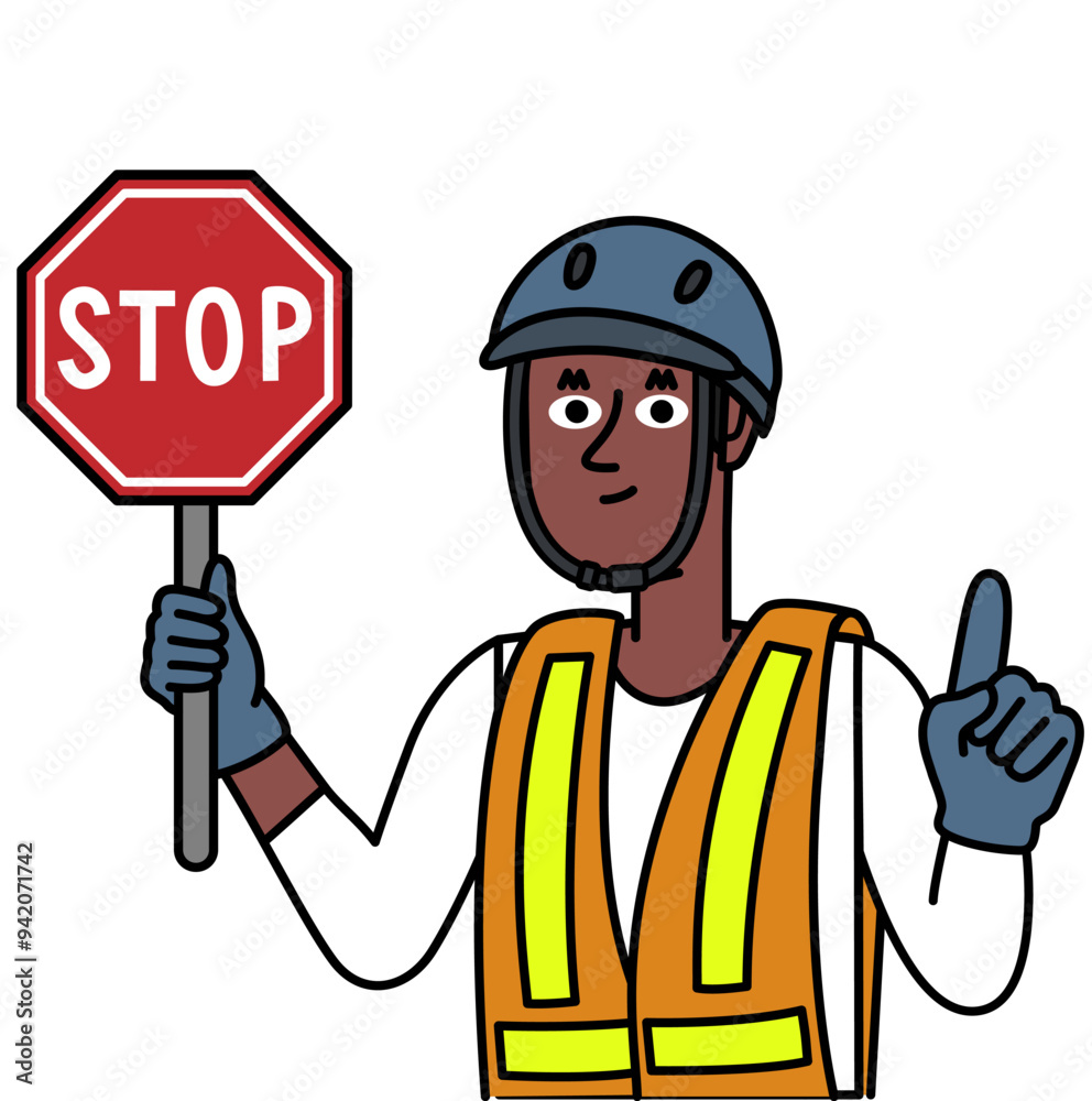 black Man wearing a helmet and holding a stop sign gesturing with her finger.eps black Man wearing a helmet and holding a stop sign gesturing with her finger.eps