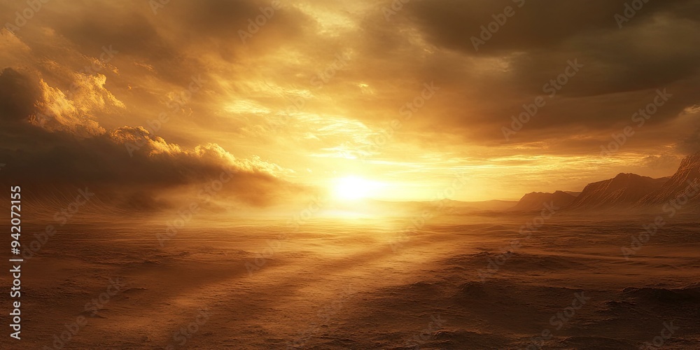Fototapeta premium Golden sunset over a desert landscape.