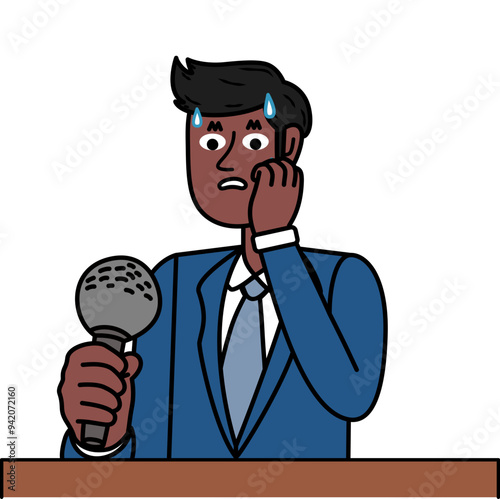 shy black businessman holding microphone showing fear.eps