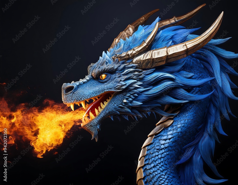 head blue dragon spitting fire blue dragon head spitting fire isolated