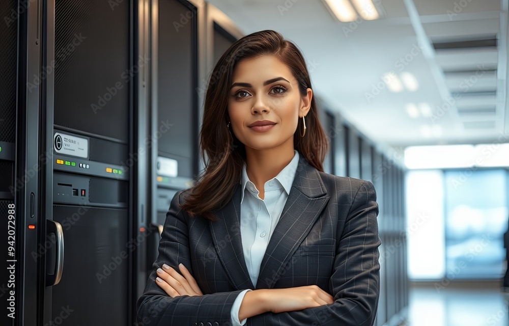 Woman in a business suit against a backdrop of servers in a data center.