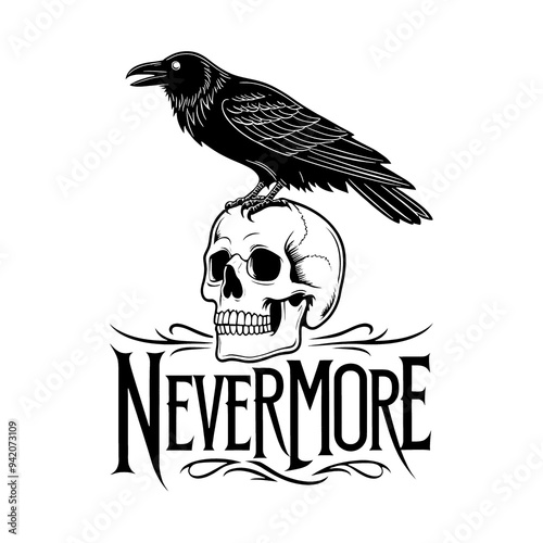 Detailed Black and White Raven on Human Skull with Gothic 'NEVERMORE', Dark Macabre Illustration, generative ai