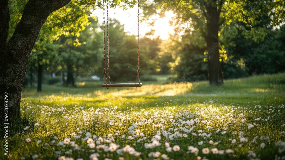 Obraz premium A swing hangs from a tree in a field. This image is perfect for illustrating themes of childhood, playfulness, and carefree fun.