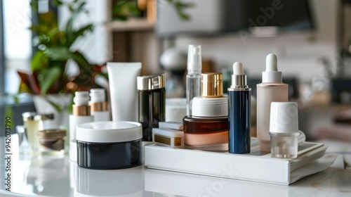 many skin care products and cosmetics lining in the table, regular arrangement 