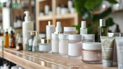 many skin care products and cosmetics lining in the table, regular arrangement 