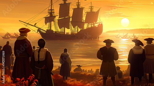 Illustration depicting Thanksgiving Settlers in period costumes standing proudly in front of a ship against a historical backdrop. 