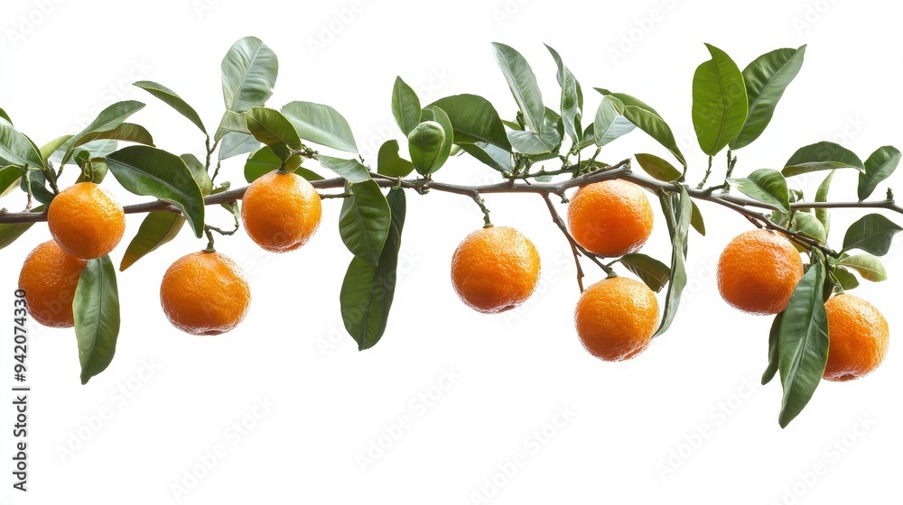 A branch of ripe oranges with green leaves against a white background. A branch of ripe oranges with green leaves against a white background.