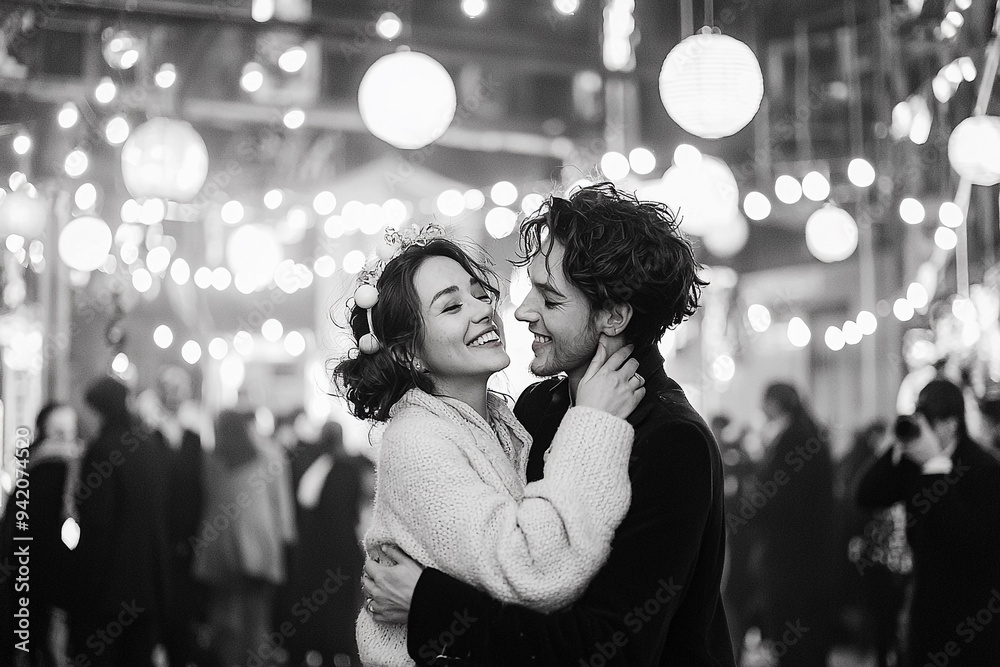 A couple is hugging in a crowded room with lights hanging from the ceiling A couple is hugging in a crowded room with lights hanging from the ceiling