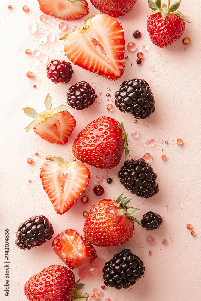A close up of a variety of berries and strawberries on a pink background A close up of a variety of berries and strawberries on a pink background