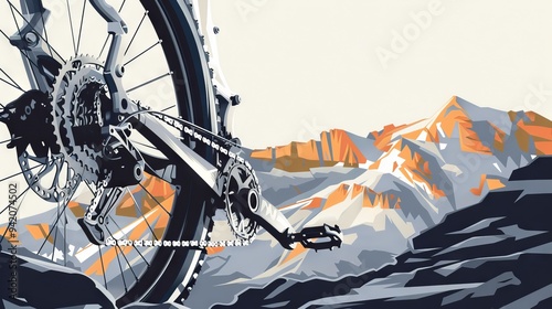 metallic mtb bike derailleur, setting behind the mountains, white background, vectors  photo