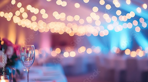 A glass on a table with a blurry background of twinkling lights. This photo can be used for a romantic dinner, wedding, or special occasion. © At My Hat