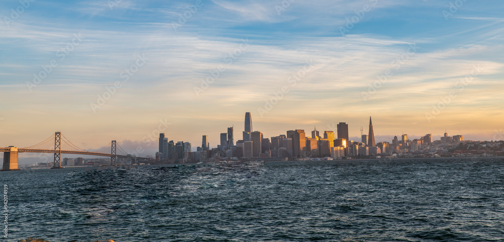 Wide angle view of San Francisco city at sunset time Wide angle view of San Francisco city at sunset time