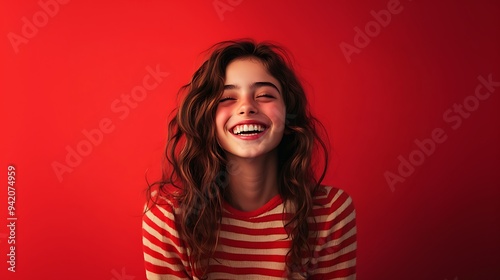 A cheerful teenage girl, laughing with delight, on a red solid background.