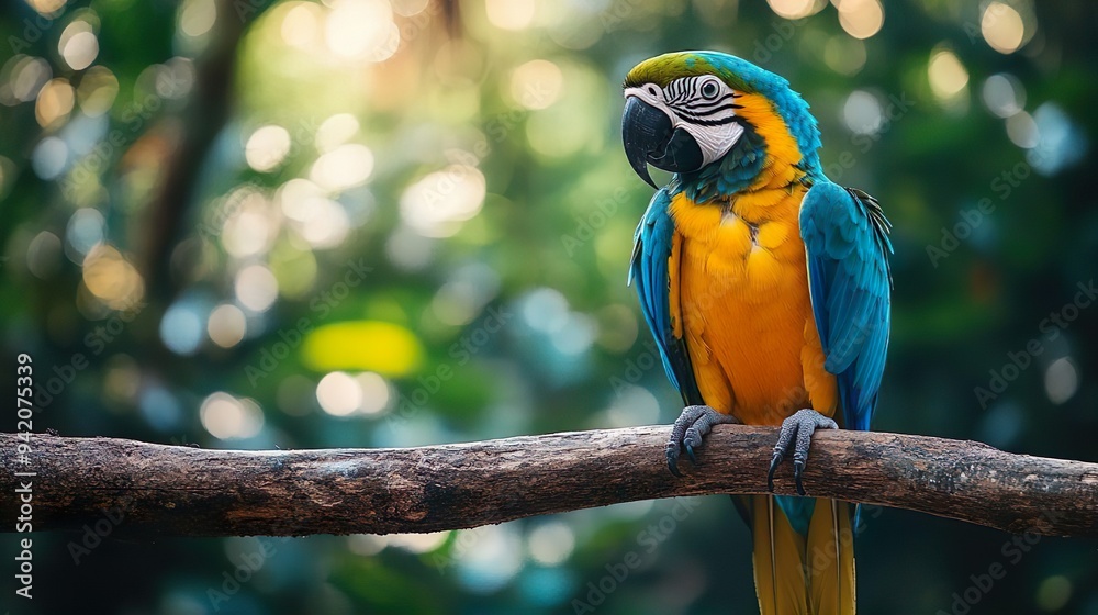 Obraz premium Bright parrot resting on a tropical branch ideal for vibrant and exotic-themed wallpapers