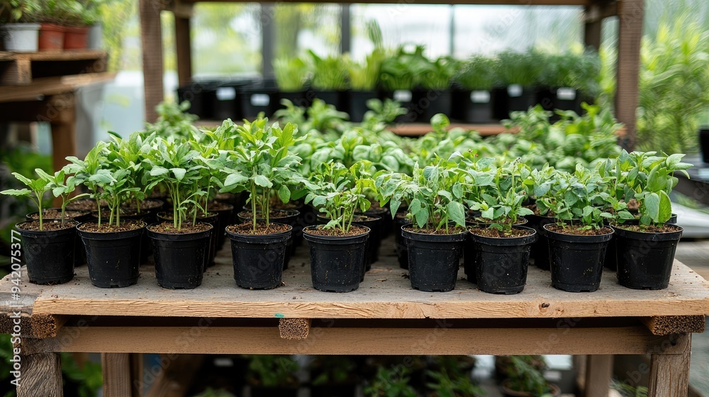 Green seedlings in pots on a shelf. Perfect for illustrating gardening, agriculture, and new growth. Green seedlings in pots on a shelf. Perfect for illustrating gardening, agriculture, and new growth.