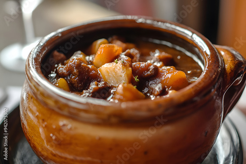 a ceramic soup bowl with a deep, rich glaze, filled with a hearty stew, the warm colors of the food complementing the bowl’s finish