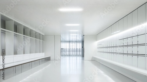 photograph, bright white spacious locker room